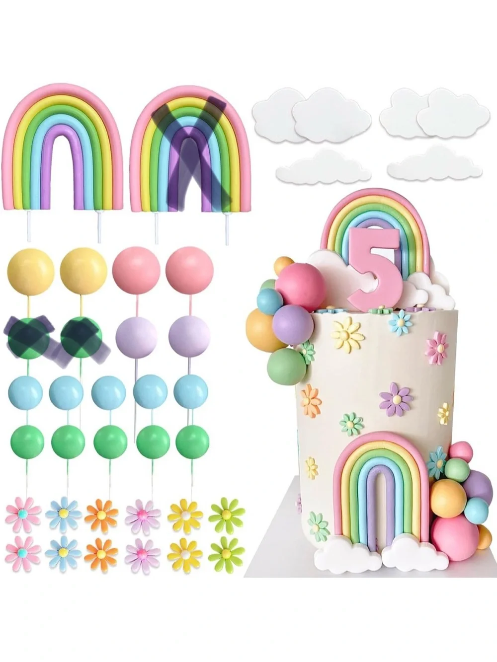 Pastel Rainbow and Flower Cake/Cupcake Toppers 🌺